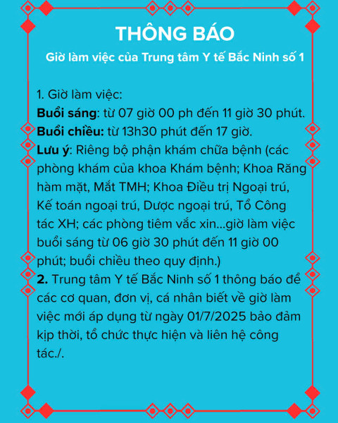 Thông báo giờ làm việc của Trung tâm y tế Bắc Ninh số 1