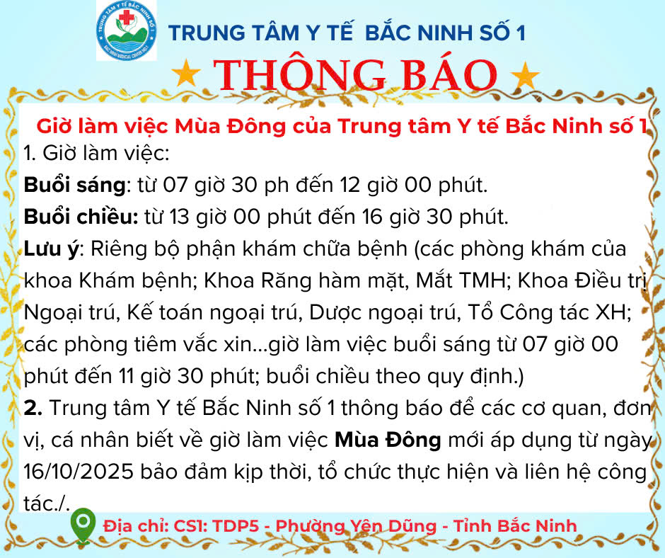Thông báo giờ làm việc mùa đông của Trung tâm Y tế Bắc Ninh số 1