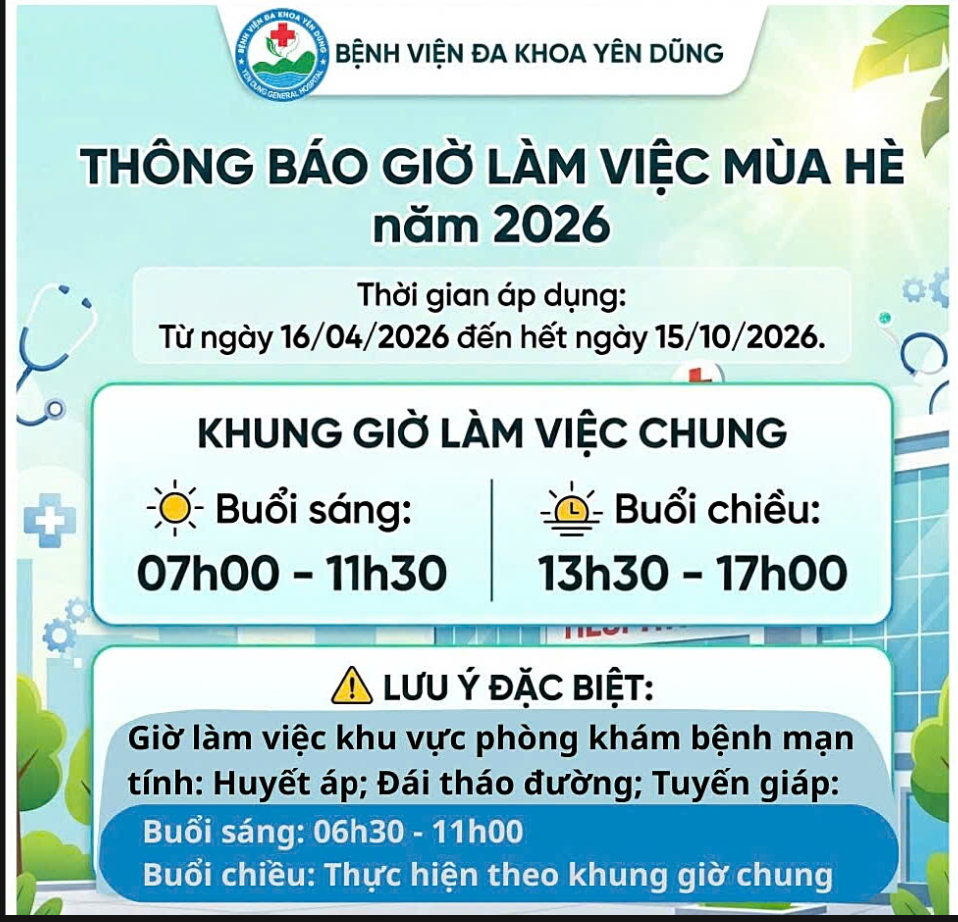 BỆNH VIỆN ĐA KHOA YÊN DŨNG THÔNG BÁO GIỜ LÀM VIỆC MÙA HÈ